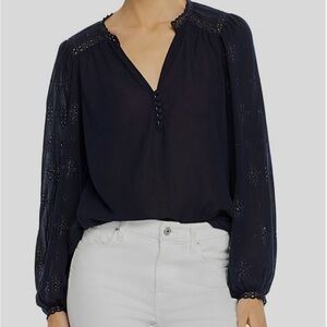 Velvet Navy Blue Embroidered Peasant Top